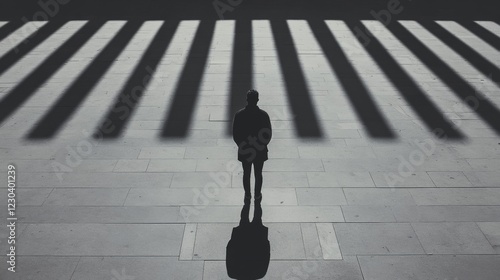 A lone figure stands on a pavement, shadowed by parallel lines creating a striking visual contrast. photo