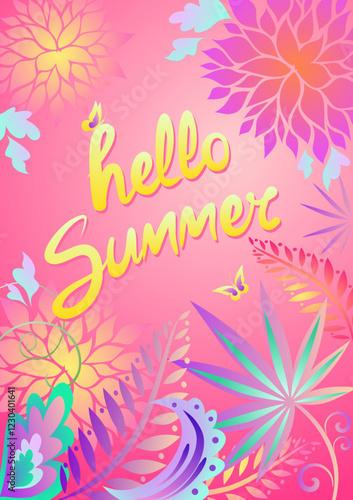 Vertical poster with tropical jungle plants, flowers and fern leaves for summer party invitation, social media design.eps