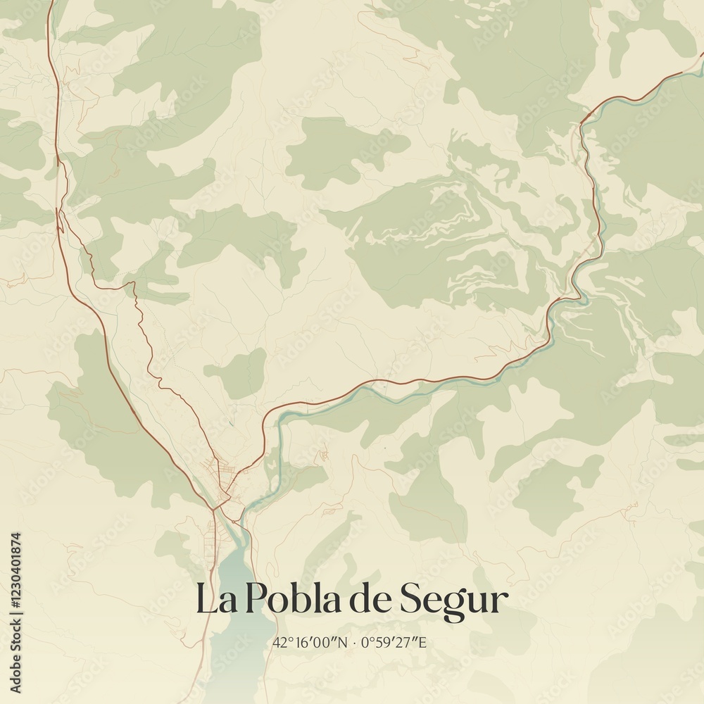 Fototapeta premium Retro Spanish map of La Pobla de Segur, Catalu�a. Vintage street map.