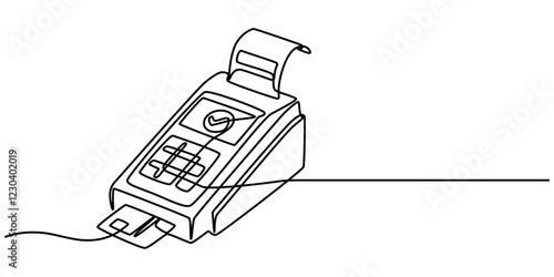 continuous line of payment card machine, Contactless bank card, credit card in payment terminal, credit card machine, one line art, Credit Card Reader Doodle Icon. Hand Drawn Symbol Vector outline pro