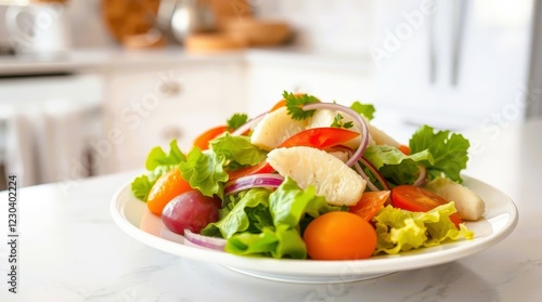 Fresh and Colorful Vegetable Salad with Lettuce, Cherry Tomatoes, and Onions on a White Plate in a Bright Kitchen Setting