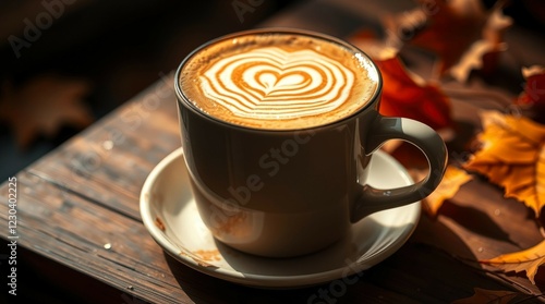 Minimalist White Coffee Cup with Latte Art on a Sunlit Table Creating Soft Shadows