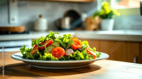 Fresh and Colorful Vegetable Salad with Lettuce, Cherry Tomatoes, and Onions on a White Plate in a Bright Kitchen Setting