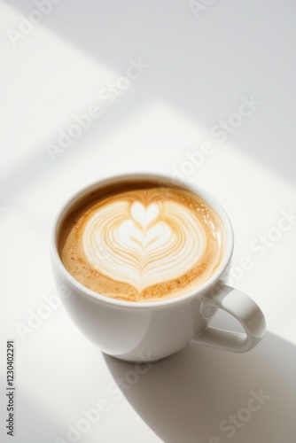 Minimalist White Coffee Cup with Latte Art on a Sunlit Table Creating Soft Shadows