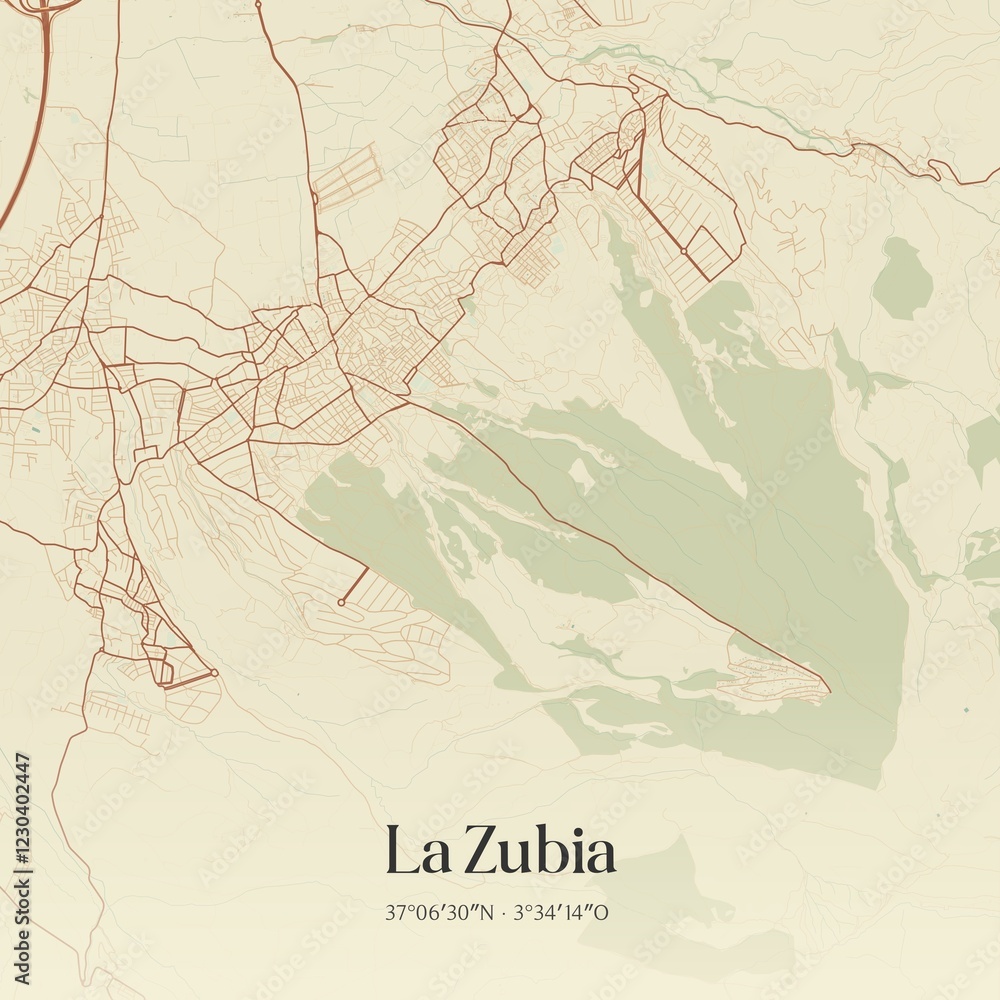 Fototapeta premium Retro Spanish map of La Zubia, Andaluc�a. Vintage street map.