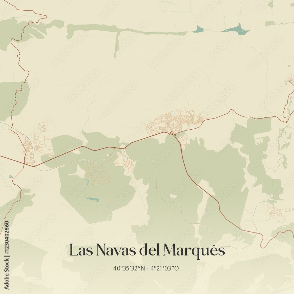 Fototapeta premium Retro Spanish map of Las Navas del Marqu�s, Castilla y Le�n. Vintage street map.