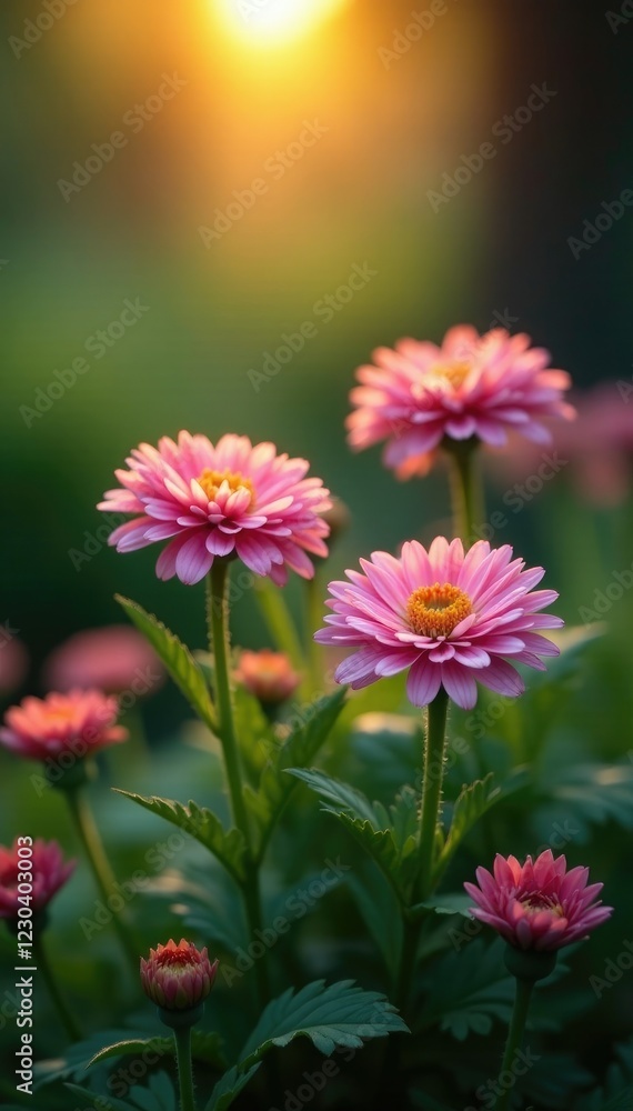 Softly glowing chrysanthemums illuminate the fading light, blossom, leafy greens Softly glowing chrysanthemums illuminate the fading light, blossom, leafy greens
