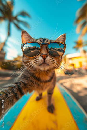 A cat takes a selfie on the beach.