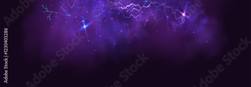 Powerful electrical current energy. Flash of lightning in a magic frame. Neon discharge in smoke effect.