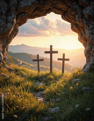 Three crosses on a grassy hill viewed from inside a cave at sunrise. Resurrection Of Jesus Christ. Easter, Good Friday, Palm Sunday. Christian symbol, religious concept.