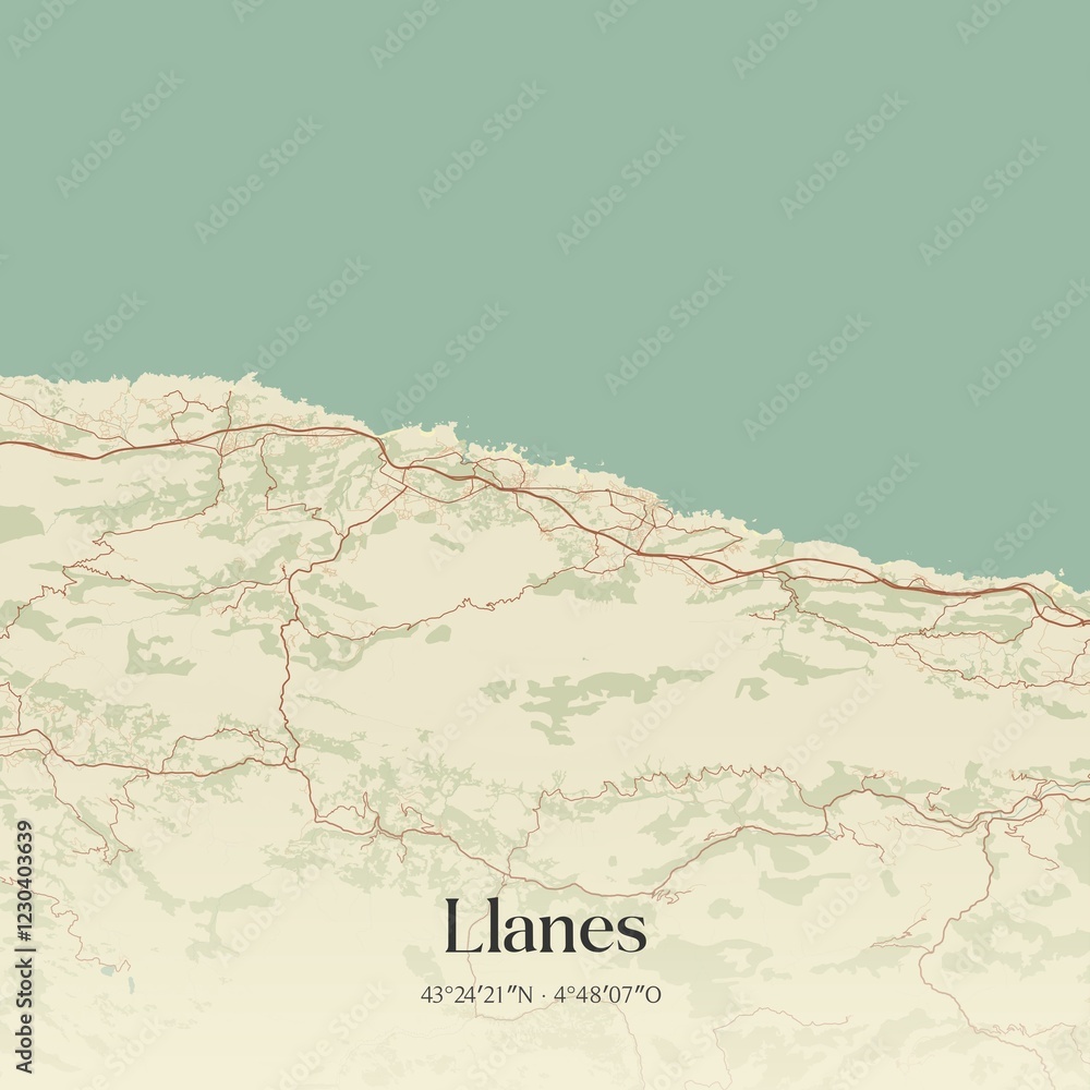 Fototapeta premium Retro Spanish map of Llanes, Principado de Asturias. Vintage street map.