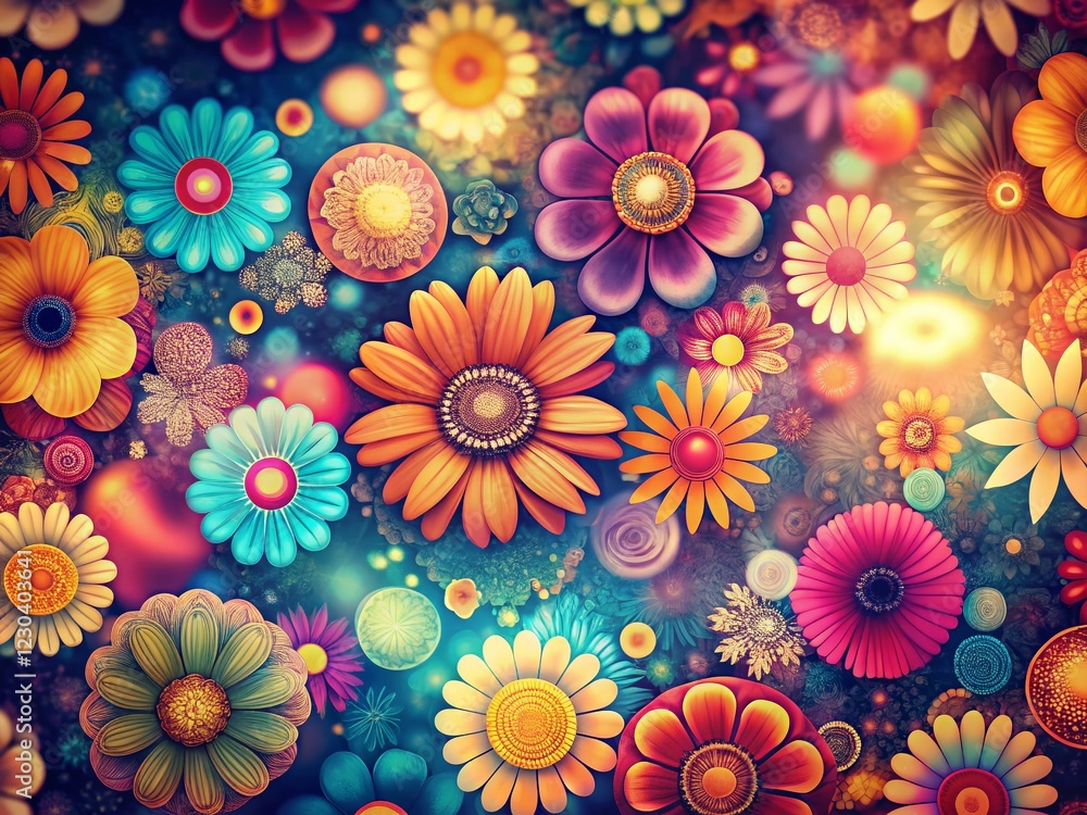 Retro Floral Bokeh Pattern: 70s Flower Power Psychedelic Background Retro Floral Bokeh Pattern: 70s Flower Power Psychedelic Background