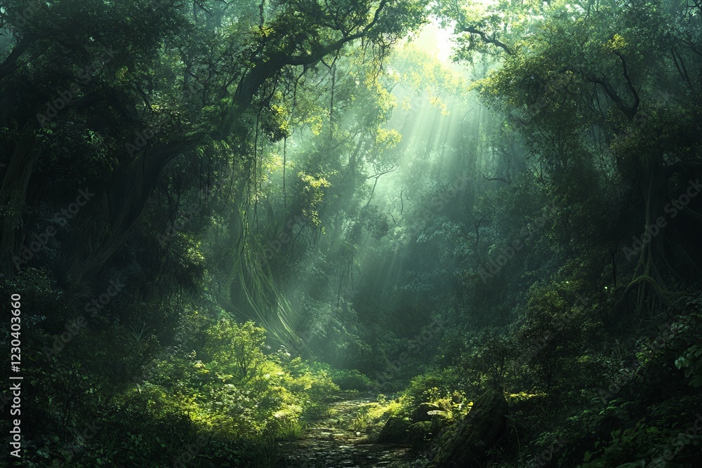 Sunbeams illuminate a mystical jungle path, winding through lush vegetation and ancient trees. Sunbeams illuminate a mystical jungle path, winding through lush vegetation and ancient trees.