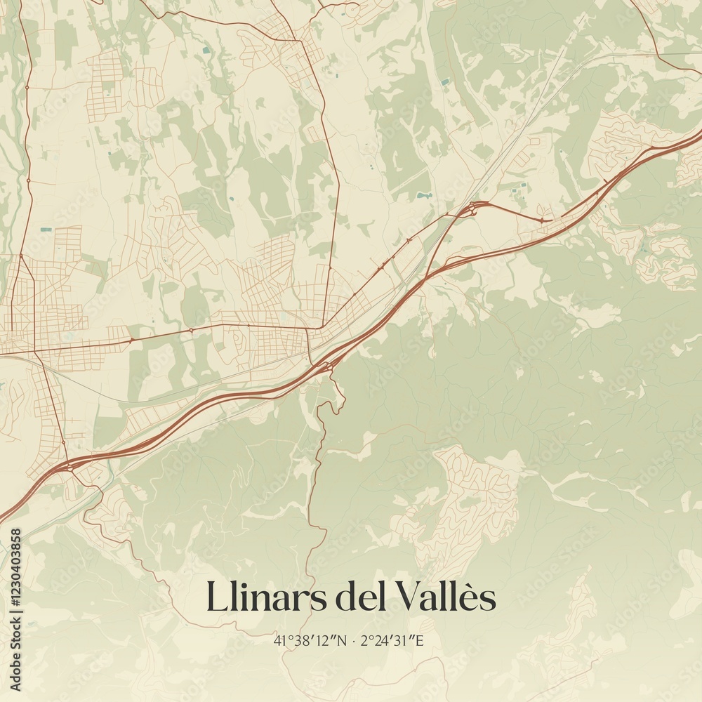 Fototapeta premium Retro Spanish map of Llinars del Vall�s, Catalu�a. Vintage street map.