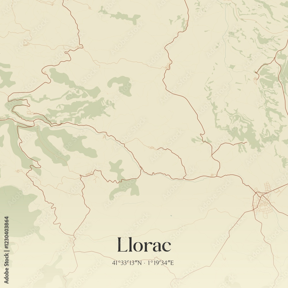 Fototapeta premium Retro Spanish map of Llorac, Catalu�a. Vintage street map.