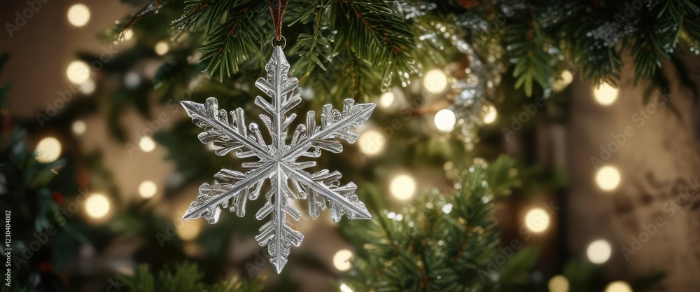 Sparkling snowflake ornament hanging from a Christmas tree branch, winter decor, tree decorations, holiday Sparkling snowflake ornament hanging from a Christmas tree branch, winter decor, tree decorations, holiday