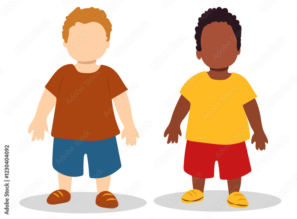 Illustration of two children standing side by side in casual clothing with different hairstyles in a playful setting Illustration of two children standing side by side in casual clothing with different hairstyles in a playful setting
