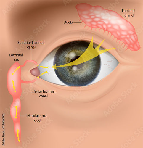 Human Tear Drainage System Anatomy. Lacrimal Apparatus and Tear Flow Pathway. Tear Duct Anatomy and Function Diagram. How Tears Flow
