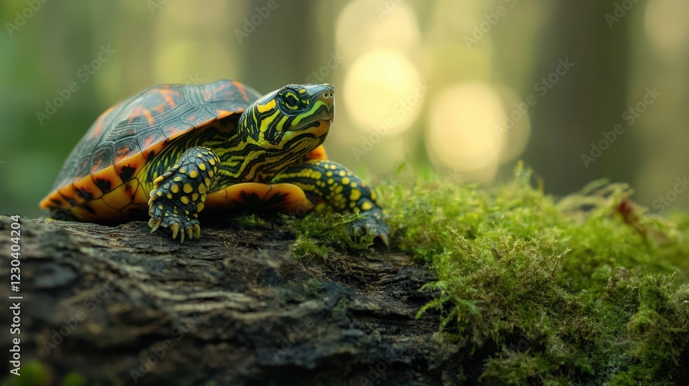 Obraz premium Colorful turtle resting on a mossy log in a serene forest with blurred green background
