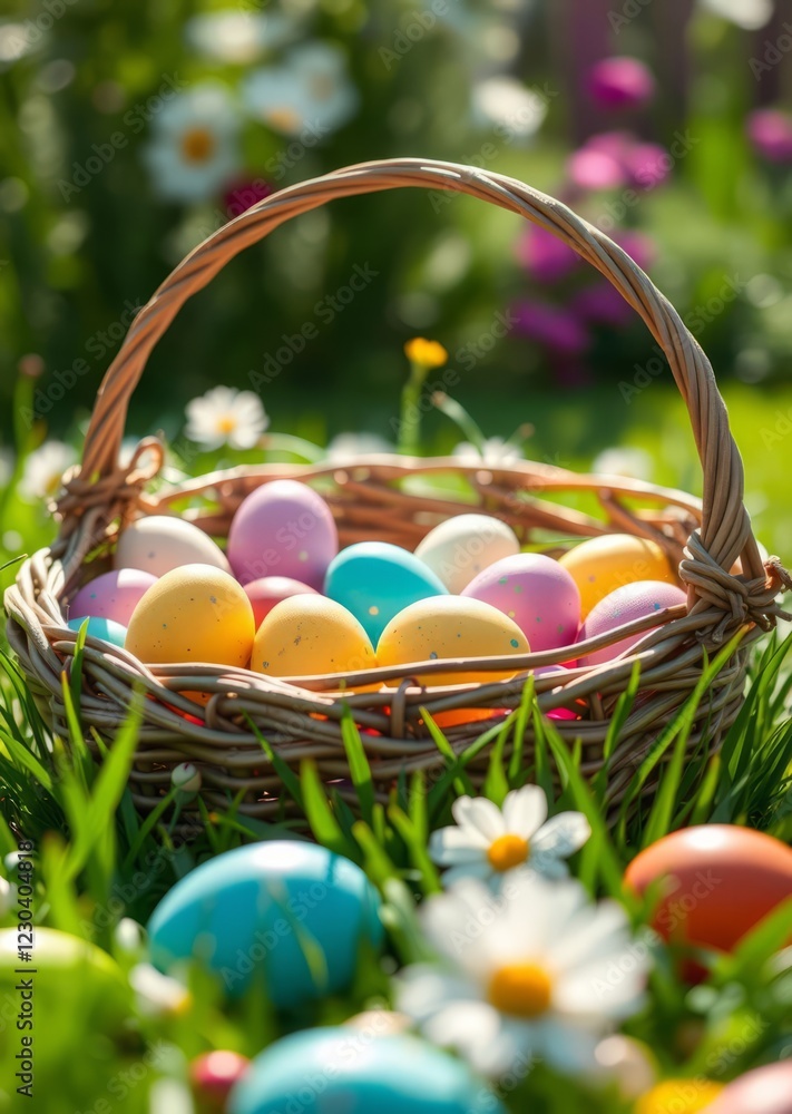 Basket full of colorful easter eggs on green grass in the garden on a sunny day easter egg holiday illustration celebration easter