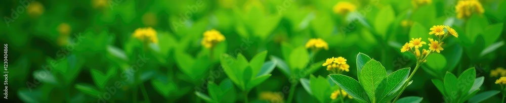 Lush green leaves with tiny yellow flowers blooming at the tips, blossoms, greenery Lush green leaves with tiny yellow flowers blooming at the tips, blossoms, greenery