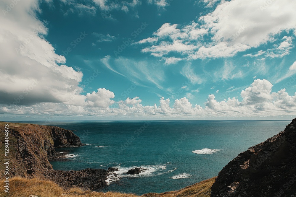 Picturesque Seascape: Blue Sky, White Clouds, and Turquoise Ocean Water, Majestic cliffs rise above the Baltic Sea, highlighting the stunning coastal scenery and the interplay of land and water. Picturesque Seascape: Blue Sky, White Clouds, and Turquoise Ocean Water, Majestic cliffs rise above the Baltic Sea, highlighting the stunning coastal scenery and the interplay of land and water.
