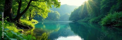 Lush vegetation surrounding tranquil forest lake, foliage, tree