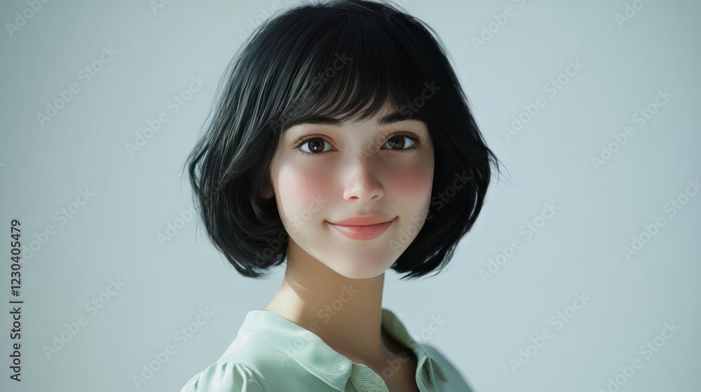 young woman with short, straight black hair, wearing a pastel green blouse, smiling gently at the camera young woman with short, straight black hair, wearing a pastel green blouse, smiling gently at the camera