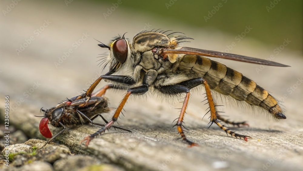 Robber Fly Devouring Prey: Close-up Macro Shot of Insect Predation in Nature Robber Fly Devouring Prey: Close-up Macro Shot of Insect Predation in Nature