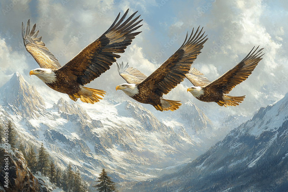 Fototapeta premium Three Bald Eagles Soaring Over Majestic Snowy Mountains