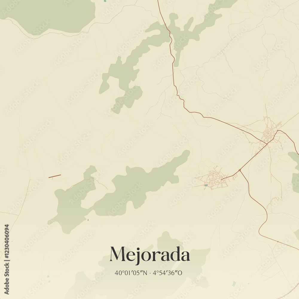 Obraz premium Retro Spanish map of Mejorada, Castilla-La Mancha. Vintage street map.