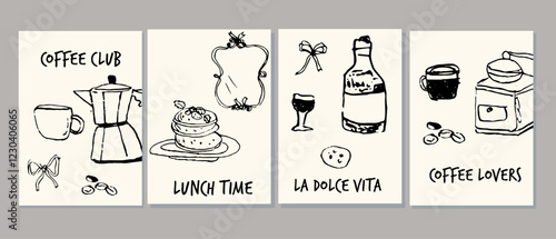 La dolce vita coffee break set with italian snacks and vintage coffee accessories. Card or posters design.