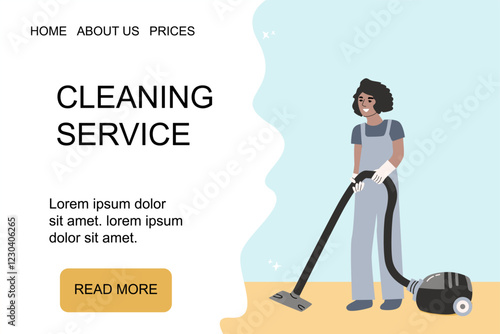 Professional cleaning services featuring equipment and happy employee for home maintenance.