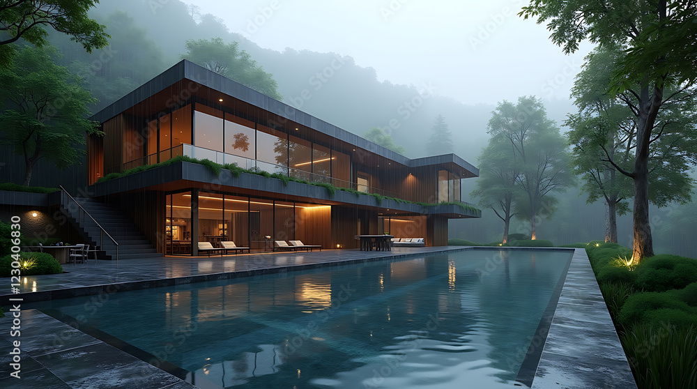 Fototapeta premium Modern Luxury Mansion with Pool Surrounded by Lush Greenery and Warm Ambient Lighting in a Serene Setting