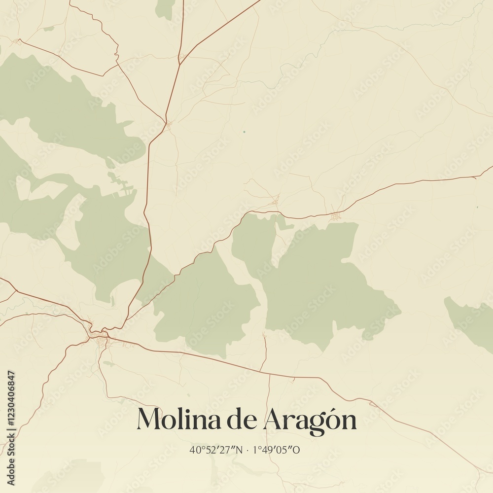 Fototapeta premium Retro Spanish map of Molina de Arag�n, Castilla-La Mancha. Vintage street map.