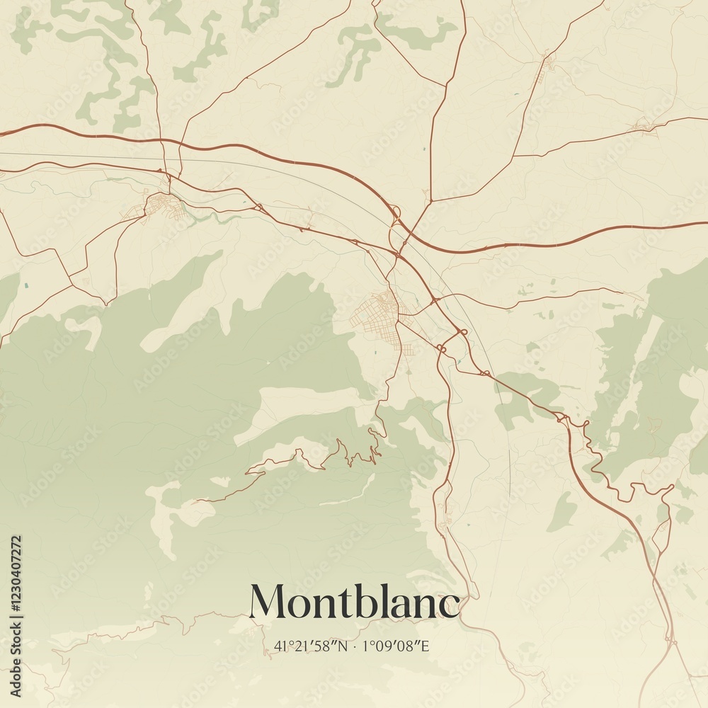 Fototapeta premium Retro Spanish map of Montblanc, Catalu�a. Vintage street map.