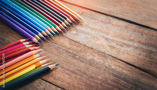 Colorful pencils are placed on an old wooden floor 