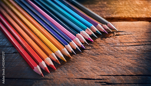 Colorful pencils are placed on an old wooden floor 