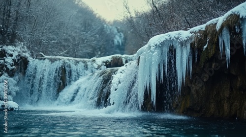 Frozen waterfall in winter forest, tranquil scene