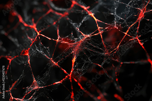 Intricate spiderweb illuminated with red light, creating a dark, dramatic, and textured image. photo