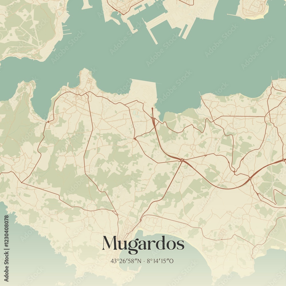 Fototapeta premium Retro Spanish map of Mugardos, Galicia. Vintage street map.