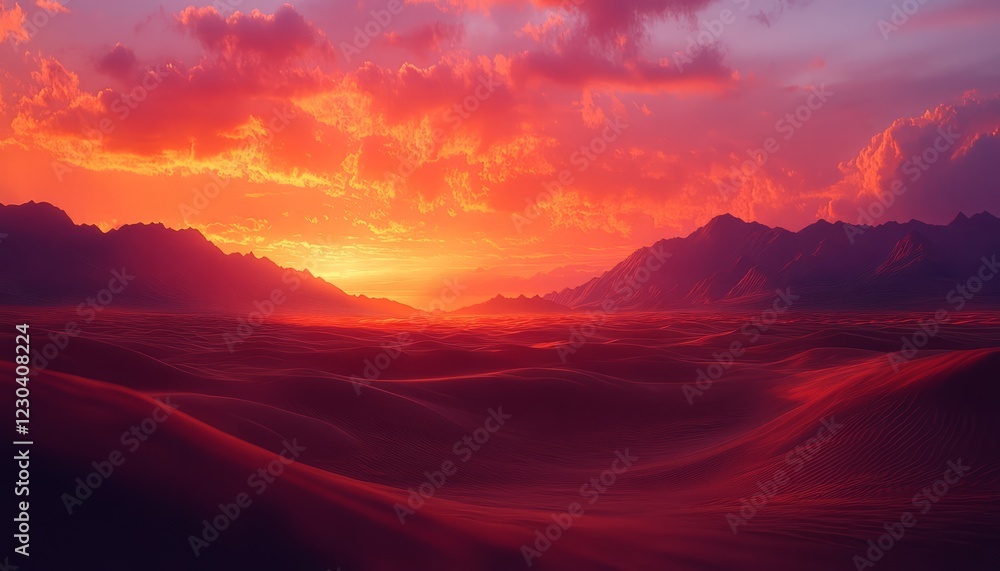 Fiery sunset over desert dunes and mountains. Fiery sunset over desert dunes and mountains.