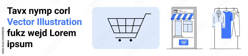 Shopping cart, storefront with awning, and clothing rack with hanging garments. Ideal for online retail, e-commerce platforms, fashion websites, digital marketing, shopping guides, virtual stores Shopping cart, storefront with awning, and clothing rack with hanging garments. Ideal for online retail, e-commerce platforms, fashion websites, digital marketing, shopping guides, virtual stores