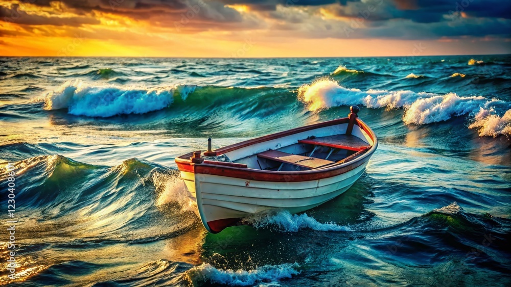 Fototapeta premium Round Boat Battling Ocean Waves: Dramatic Documentary Seascape