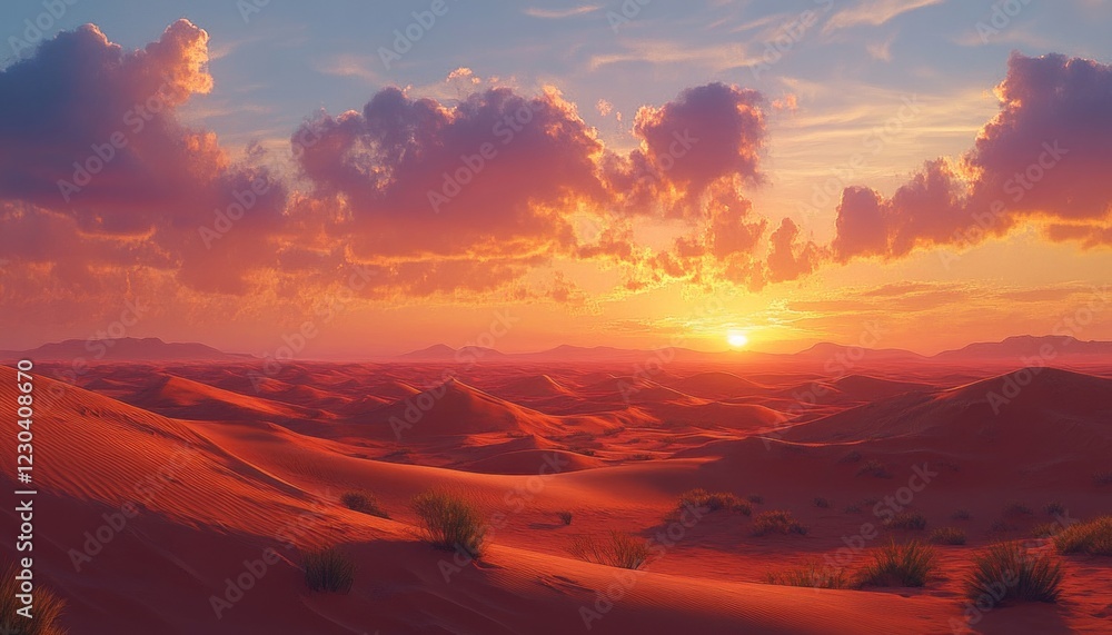 Vibrant sunset over a vast, rolling desert landscape. Vibrant sunset over a vast, rolling desert landscape.