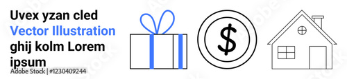 Gift box, dollar coin, and house outline. Ideal for celebration, finance, homeownership, savings, gifting real estate investment themes. Landing page