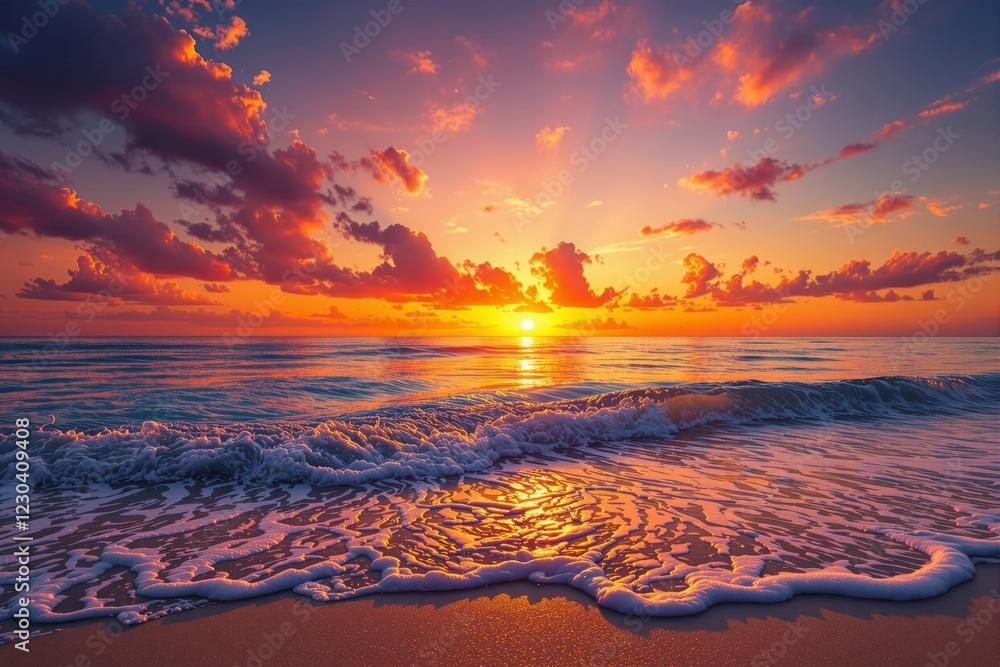 Fototapeta premium Stunning sunset over ocean with dramatic clouds and gentle waves on sandy shore.