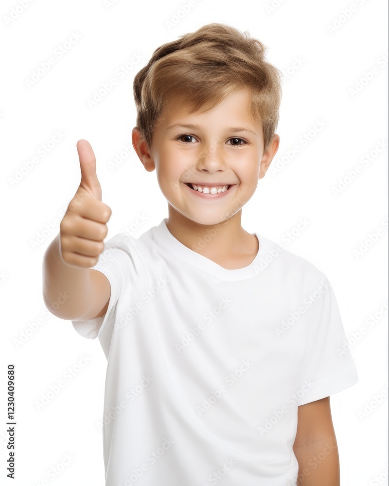 Adorable Kid Showing Success: Thumbs Up Gesture Isolated on White Adorable Kid Showing Success: Thumbs Up Gesture Isolated on White