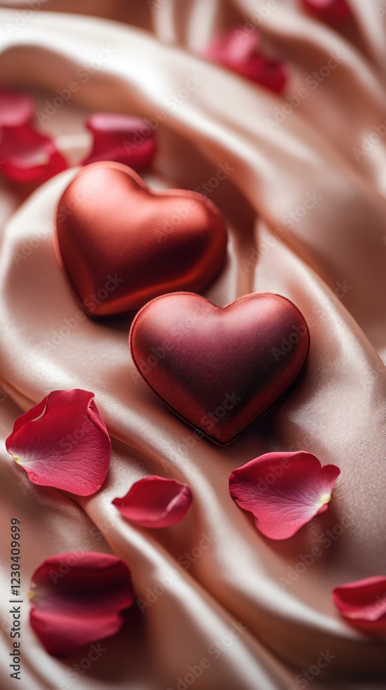 Fototapeta premium Valentine background with two red hearts on satin