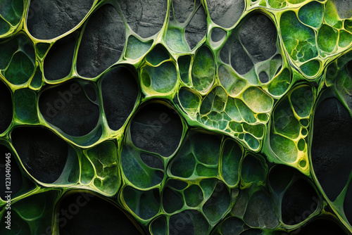 Abstract green and black organic network structure resembling cells or a futuristic landscape. photo